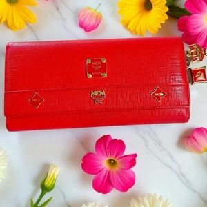 MCM Red Logo Long Trifold Long Wallet Studded Charm